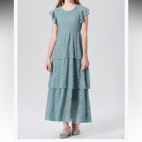 Girls Lace Maxi, Ruffle Sleeve Crewneck Tiered A-Line Swing Wedding Party Dress - Picture 5 of 7